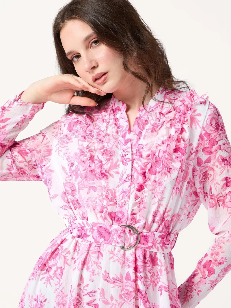 Outzidr  Pink Printed Flared Dress With Halter Neck With Belt Detail for Women | Best Price UAE